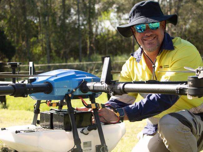 Contract drone operator Derek Pontorolo ahead of mosquito treatment at Tumbulgum. Picture: Supplied / Tweed Shire Council.