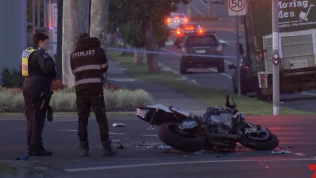 Police at the scene where a stolen car hit and killed motorcyclist Davide Pollina in Preston. Picture: 7News