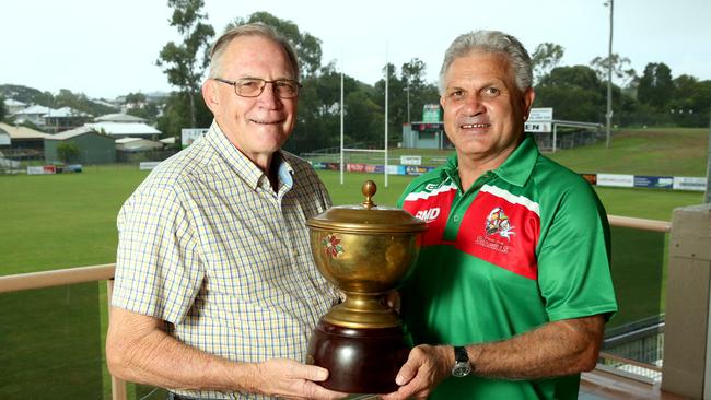 Des Morris and Colin Scott with the Wynnum Manly Seagulls 1982 premiership cup. Picture: Richard Walker