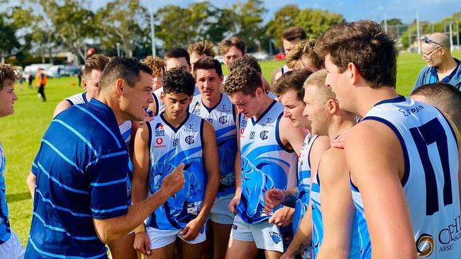 Glenunga coach Nathan Grima addresses his players during the win over Seaton Ramblers in their division two Adelaide Footy League match on Saturday. Picture: Max Stapleton