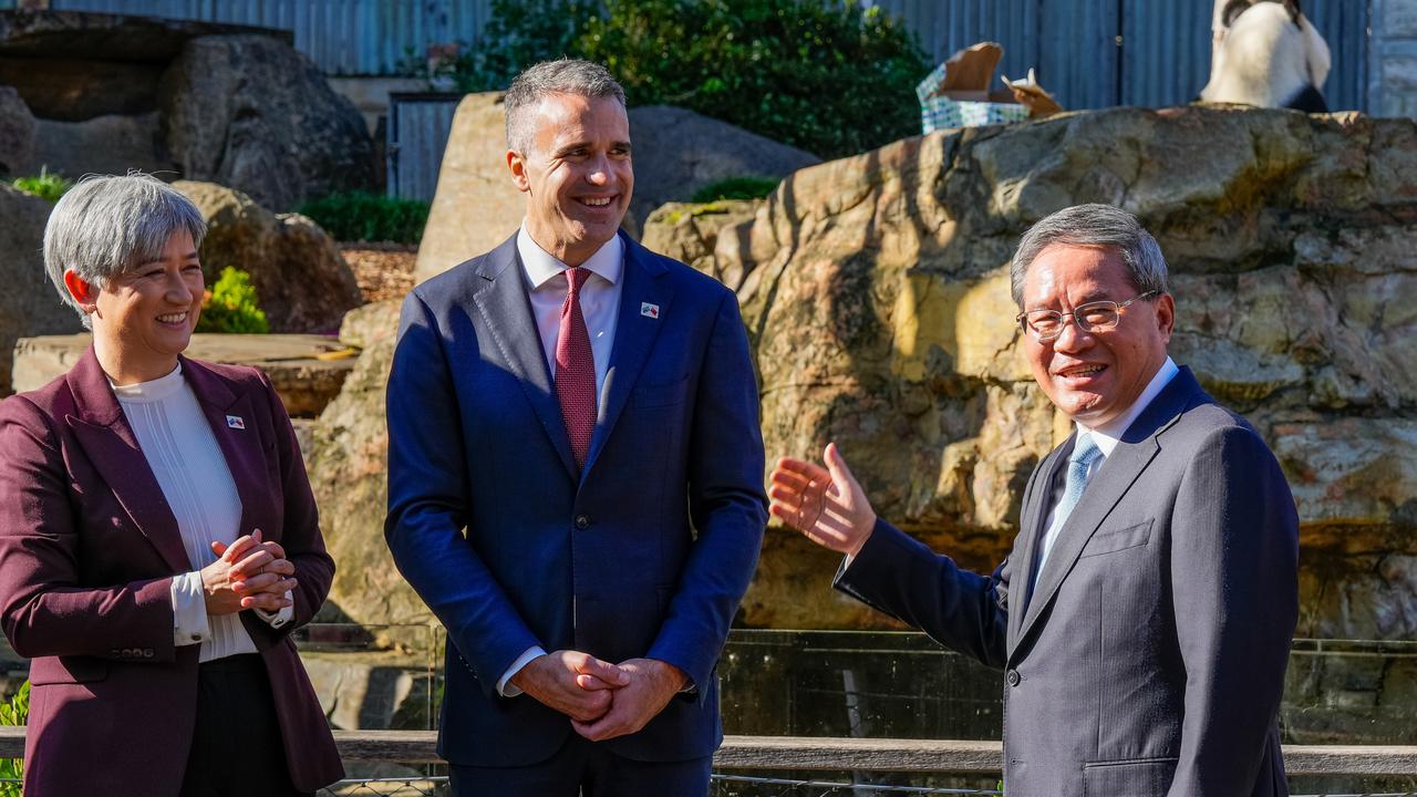 Foreign Minister Penny Wong, South Australian Premier Peter Malinauskas and China's Premier Li Qiang at the panda enclosure at Adelaide Zoo on June 16, 2024. Picture: NewsWire / Asanka Ratnayake / POOL