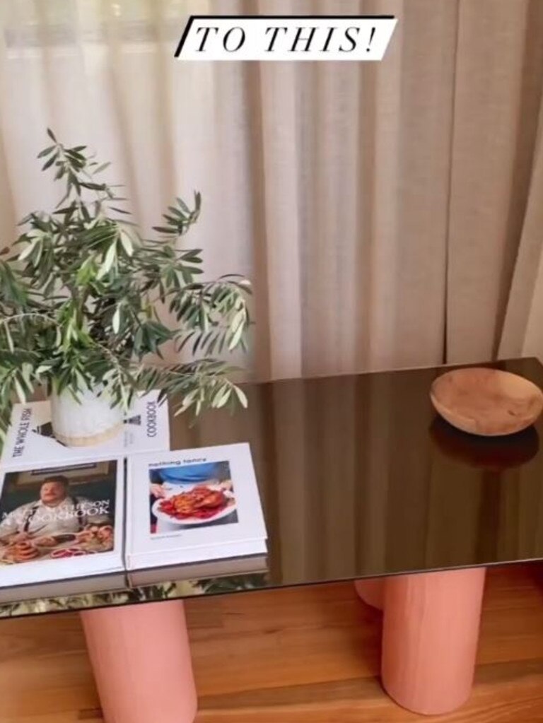 She used a $10 glass top she found from a local tip shop to help create the stylish table. Picture: Instagram/smorhome