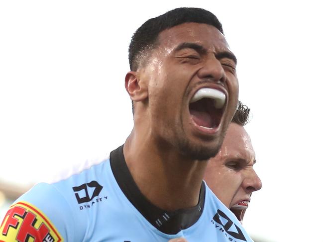 CANBERRA, AUSTRALIA - OCTOBER 03:  Ronaldo Mulitalo of the Sharks celebrates scoring a try during the NRL Elimination Final match between the Canberra Raiders and the Cronulla Sharks at GIO Stadium on October 03, 2020 in Canberra, Australia. (Photo by Mark Kolbe/Getty Images)