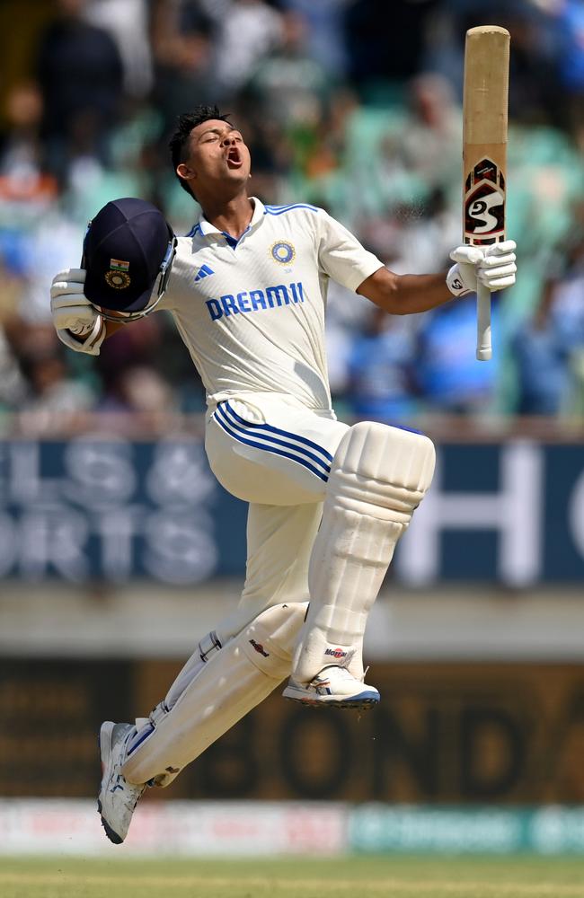 Yashasvi Jaiswal celebrates after reaching his double century against England earlier this year and averages nearly 60 in Test cricket. Picture: Gareth Copley/Getty Images