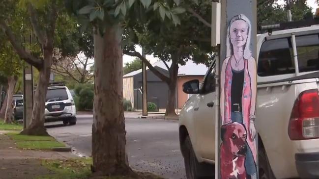 Stobie pole with painting of Ms Townsend Gun and one of her dogs. Picture: 7NEWS