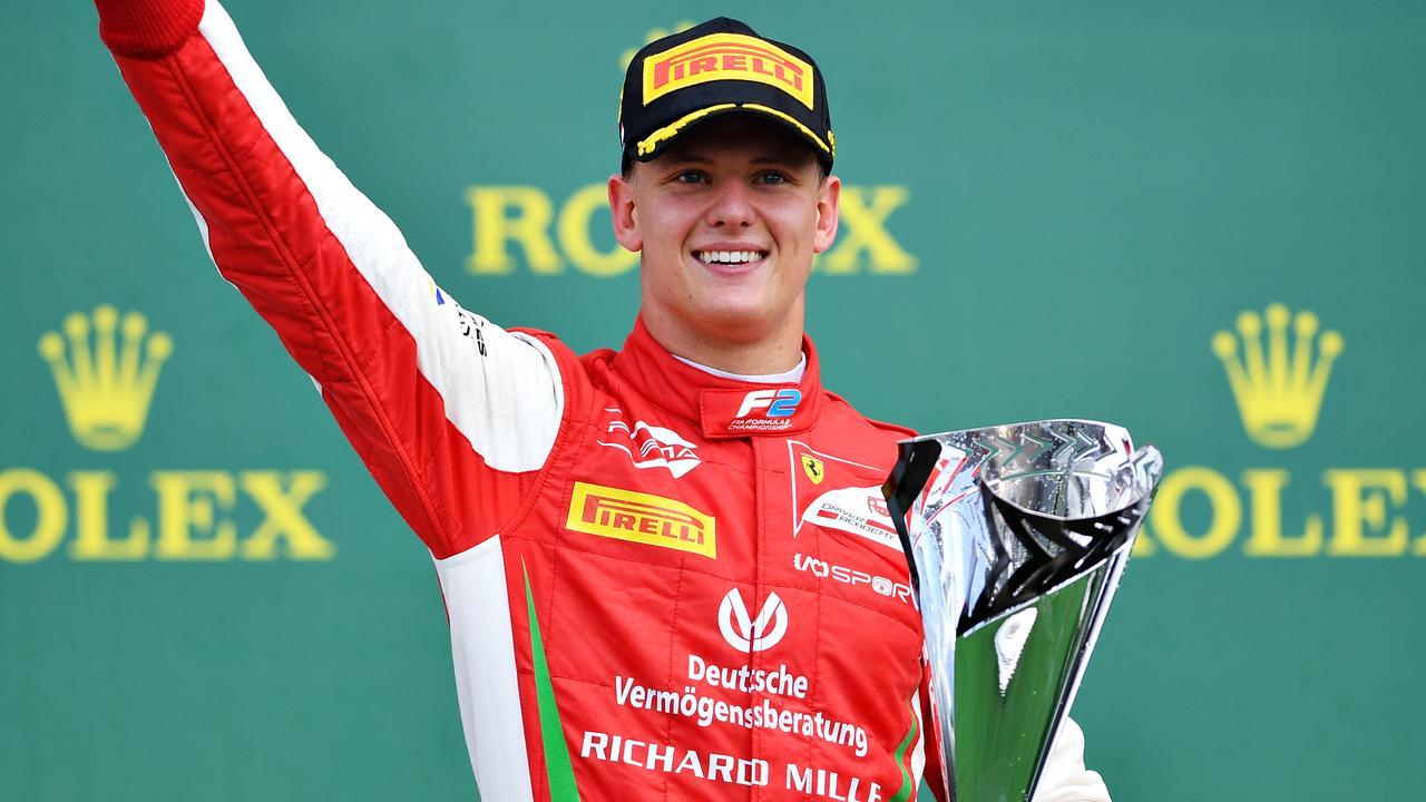 Mick Schumacher celebrates after his F2 win at the Hungaroring.