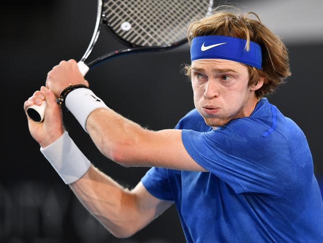 Andrey Rublev on his way to a straight sets win in the final of the Adelaide International.