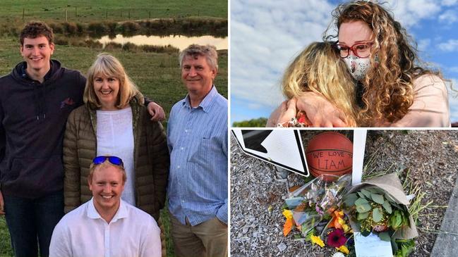 Liam Van Horen (bottom left) in better times with his brother Matt, mum Ruth and dad Gerard. Parkville Street resident Lara Williams (top right) and her mum embrace at the site of Mr Van Horen’s tragic death.