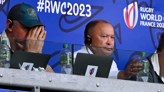 SAINT-ETIENNE, FRANCE - OCTOBER 01: Eddie Jones, Head Coach of Australia, looks on from the coaches box during the Rugby World Cup France 2023 match between Australia and Portugal at Stade Geoffroy-Guichard on October 01, 2023 in Saint-Etienne, France. (Photo by Stu Forster/Getty Images)