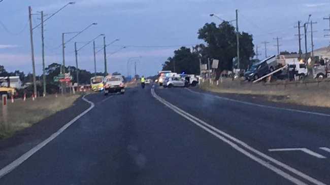 The scene of the crash near the intersection of Jandowae Road and the Warrego Highway. Picture: Tiffany Kamp