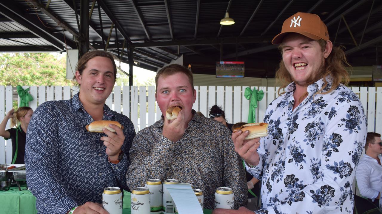 Connor Balram, Hayden and Stevie Harris at the St Patrick’s Day races in Rockhampton on March 12, 2022. Picture: Aden Stokes