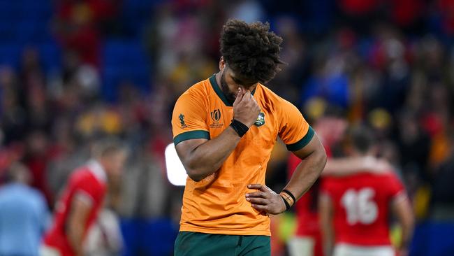 LYON, FRANCE – SEPTEMBER 24: Rob Valetini of Australia looks dejected at full-time following the Rugby World Cup France 2023 match between Wales and Australia at Parc Olympique on September 24, 2023 in Lyon, France. (Photo by Hannah Peters/Getty Images)