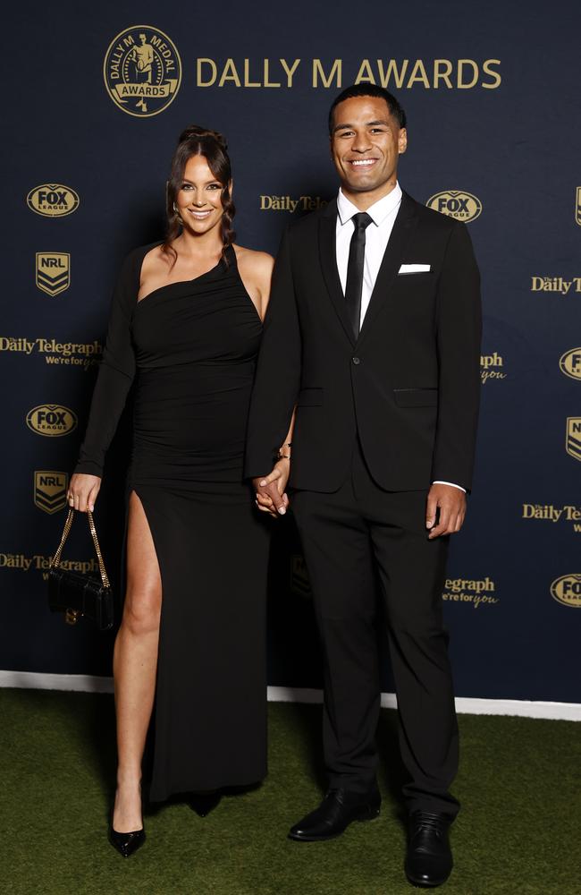 Mathew Feagai and partner Maddie Hanlon on the red carpet of the 2023 Dally M Awards, held at Royal Randwick Racecourse. Picture: Jonathan Ng