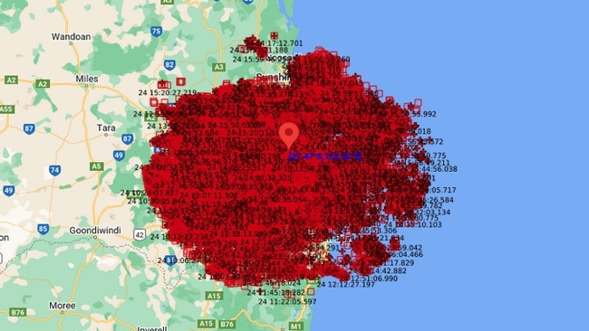 Lightning strikes recorded within 200 km of Brisbane (211,384 strikes including ground and cloud events) from 9am to 3pm EST. Supplied