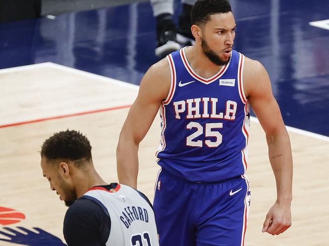 WASHINGTON, DC - MAY 31: Ben Simmons #25 of the Philadelphia 76ers celebrates during the first quarter against the Washington Wizards during Game Four of the Eastern Conference first round series at Capital One Arena on May 31, 2021 in Washington, DC. NOTE TO USER: User expressly acknowledges and agrees that, by downloading and or using this photograph, User is consenting to the terms and conditions of the Getty Images License Agreement.   Tim Nwachukwu/Getty Images/AFP == FOR NEWSPAPERS, INTERNET, TELCOS & TELEVISION USE ONLY ==