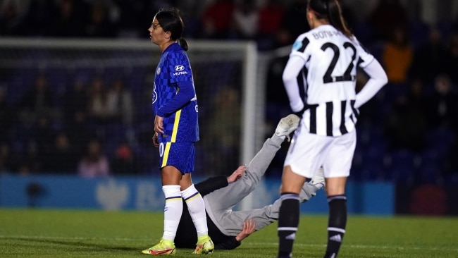 The crowd went wild as Kerr decked the unwanted pitch invader during the Champions League match between Chelsea and Juventus. Picture: John Walton/PA Images via Getty Images