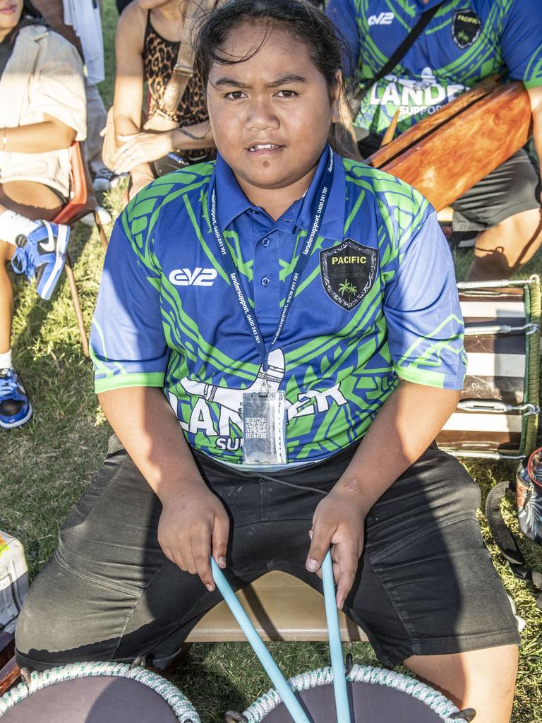 JJ Dean plays the drums. 2023 TRL Cultural Cup, SW Qld Emus vs Pacific Nations Toowoomba. Saturday, February 25, 2023. Picture: Nev Madsen.