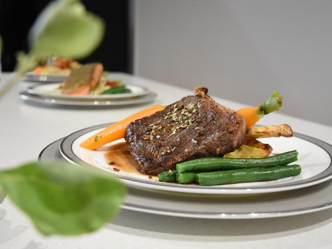 Salt bush &amp; wild tomato seasoned Jack's Creek wagyu sirloin dish for first class passengers for Singapore Airline's new 50th Anniversary menu. Picture: Simon Tsang