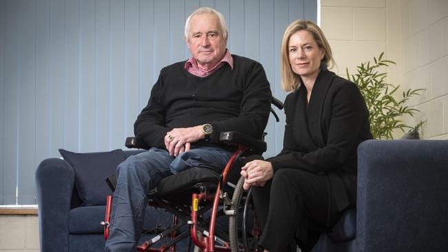 Doug Bishton whose prosthetic leg was lost by the Health Department 2 years ago with Tasmanian Labor leader Rebecca White. Picture: Chris Kidd