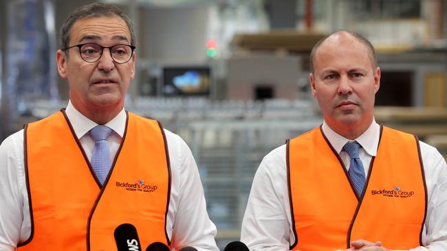 Premier Steven Marshall (L) campaigning on the economy with Federal Treasurer Josh Frydenberg. Picture: Dean Martin