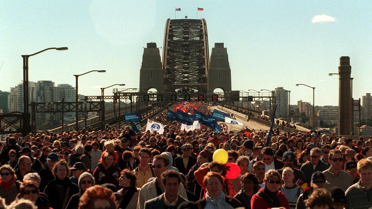 More than 250,000 Australians walked across the Sydney Harbour Bridge in the year 2000 during the Walk for Reconciliation. Picture: Troy Bendeich