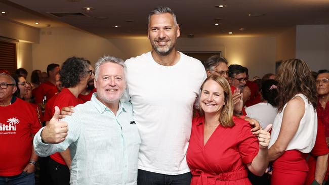 Member for Cairns Michael Healy, the newly elected Member for Leichhardt, Matt Smith and Queensland Senator Nita Green celebrate at the ALP post-election party, held at the Novotel. Picture: Brendan Radke