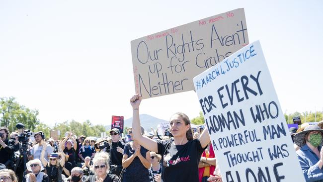 Protesters attend the Womens March 4 Justice Rally on March 15, 2021 in Canberra, Australia. (Photo by Jamila Toderas/Getty Images)