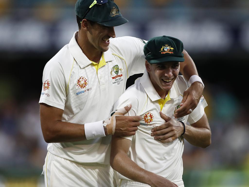 Richardson and Mitchell Starc embrace during day one of the First Test against Sri Lanka in 2019. There’s strong feeling he could resume his Test career during The Ashes, potentially even at Starc’s expense. Picture: Ryan Pierse/Getty Images