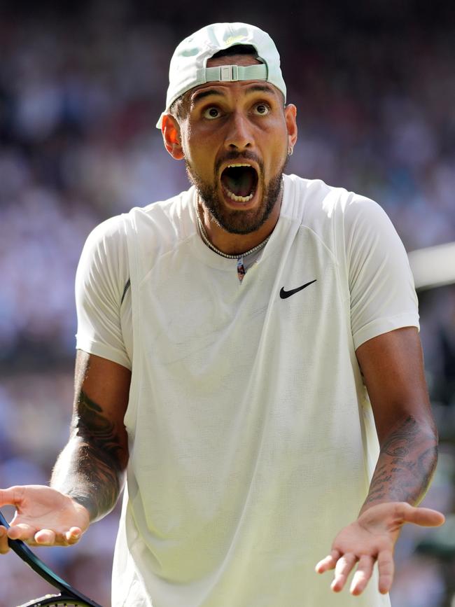 Nick Kyrgios reacts during the Wimbledon final. Picture: Getty Images