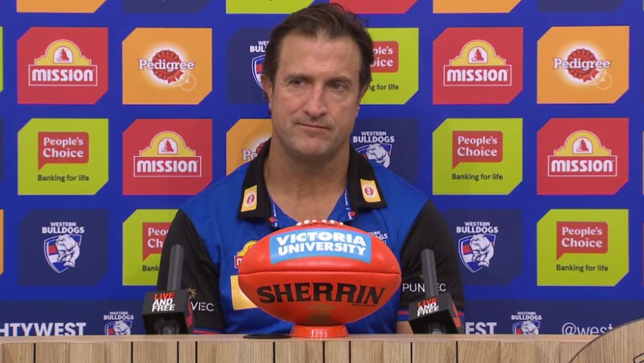 Luke Beveridge reacts during his post-game press conference.