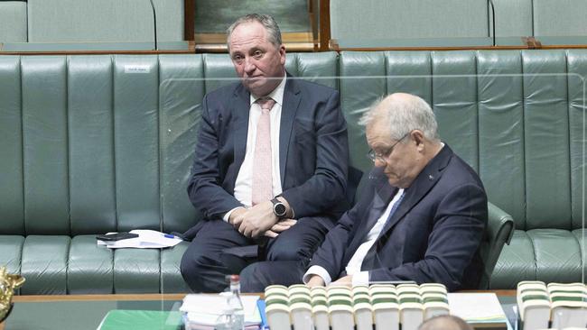 Barnaby Joyce and Prime Minister Scott Morrison during Question Time in the House of Representatives in Parliament House Canberra. Picture: NCA NewsWire / Gary Ramage