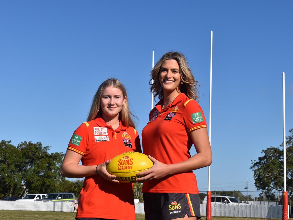 Wallis Randell (left) and Lauren Bella of the Gold Coast Suns AFLW side back in Mackay, August 28, 2021. Picture: Matthew Forrest