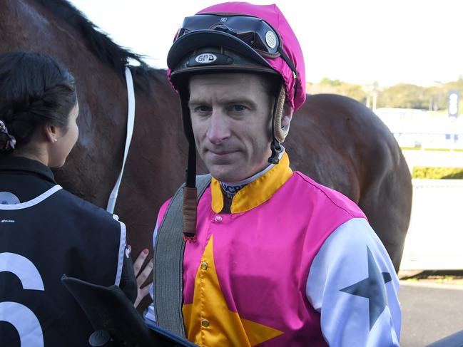 Jockey Blake Shinn is seen in the mounting yard after riding Haut Brion Her to victory in race 3, the Book Spring Hospitality Handicap during the Royal Randwick Race Day at the Royal Randwick Racecourse in Sydney, Saturday, July 20, 2019.(AAP Image/Simon Bullard) NO ARCHIVING