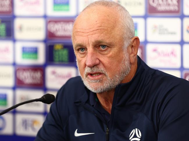 GOLD COAST, AUSTRALIA - SEPTEMBER 05: Australian Head Coach Graham Arnold speaks to the media after the round three 2026 FIFA World Cup AFC Asian Qualifier match between Australia Socceroos and Bahrain at Robina Stadium on September 05, 2024 in Gold Coast, Australia. (Photo by Chris Hyde/Getty Images)