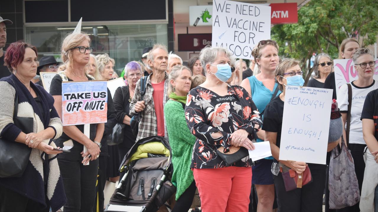 Protesters gathered at City Square on Monday for the March 4 Justice event in Coffs Harbour.