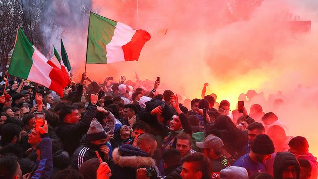 Italian soccer fans go wild in Lygon St. Carlton after Italy defeated England 3-2 on penalties in the Euro 2020 Final. Picture : NCA NewsWire / Ian Currie