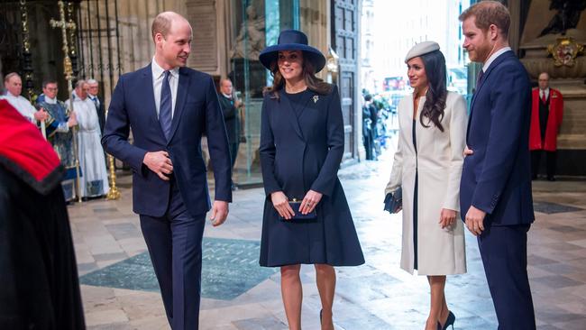 (L-R) Britain's Prince William, Duke of Cambridge, Britain's Catherine, Duchess of Cambridge, US actor Meghan Markle and her fiancee Britain's Prince Harry attend a Commonwealth Day Service at Westminster Abbey in central London, on March 12, 2018. Picture: AFP