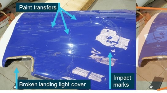 Pictures from the ATSB’s preliminary report showing damage to the wing of the aircraft that safely returned to Essendon Airport following a mid-air collision over Port Phillip Bay at Mount Martha on November 19, 2023. Picture: ATSB.