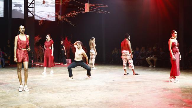 Models showcase the Yarrabah Affirmations collection by the Yarrabah Arts & Culture Precinct at the Cairns Indigenous Art Fair fashion performance, Woven, held at the Tanks Arts Centre, Edge Hill. Picture: Brendan Radke