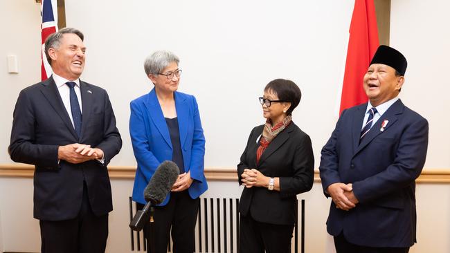 From left, Defence Minister Richard Marles and Foreign Minister Penny Wong with Indonesian counterparts Retno Marsudi and Prabowo Subianto in Canberra on Thursday. Picture: NCA NewsWire / Gary Ramage