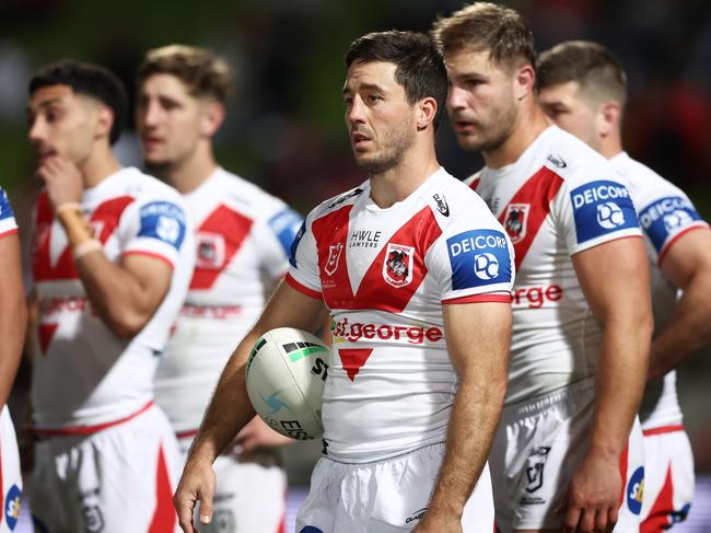 SYDNEY, AUSTRALIA - JULY 31:  Ben Hunt of the Dragons and team mates look dejected after a Cowboys try during the round 20 NRL match between the St George Illawarra Dragons and the North Queensland Cowboys at Netstrata Jubilee Stadium, on July 31, 2022, in Sydney, Australia. (Photo by Matt King/Getty Images)