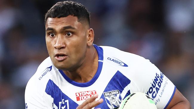 SYDNEY, AUSTRALIA - APRIL 16: Tevita Pangai Junior of the Bulldogs runs with the ball during the round seven NRL match between Parramatta Eels and Canterbury Bulldogs at CommBank Stadium on April 16, 2023 in Sydney, Australia. (Photo by Matt King/Getty Images)