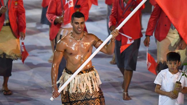 Tonga’s flag-bearer Pita Taufatofua during the opening ceremony of the 2016 Olympic Games in Rio de Janeiro, Brazil. Picture: Olivier Morin/AFP