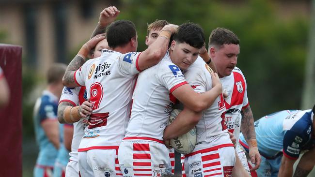 Woy Woy celebrate try Coast Rugby League round 11 Woy Woy Roosters vs Dora Creek Swampies at Woy Woy Oval pic Sue Graham