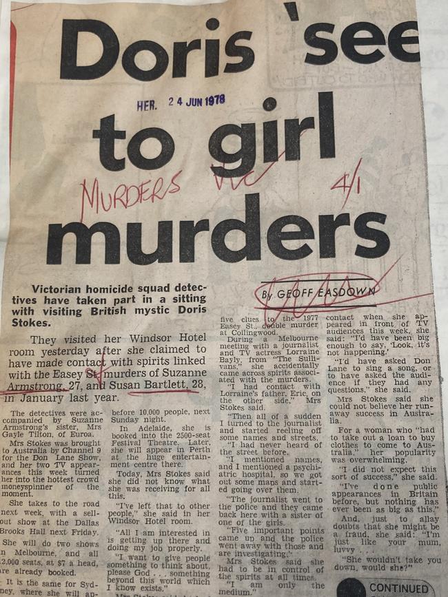 A clipping from the Herald Sun archives after Doris Stokes injected herself into the Easey St narrative.