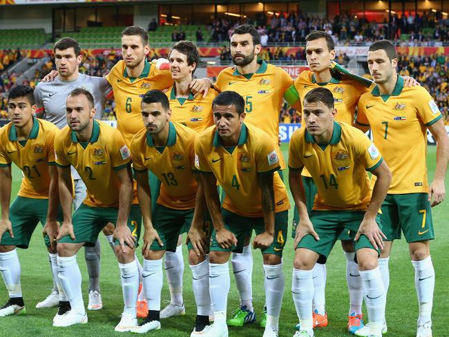 The Socceroos lineup before the start of play.