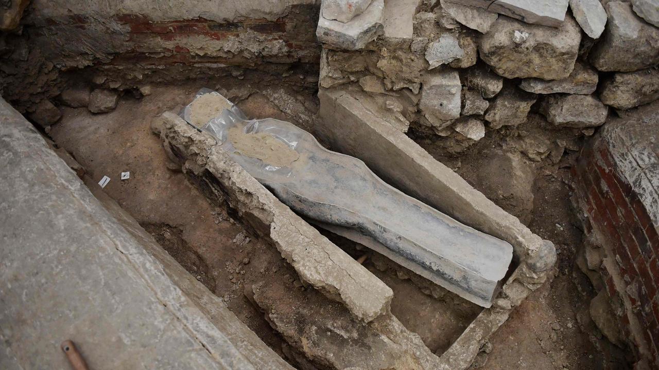 A picture shows a 14th century lead sarcophagus discovered at the Notre-Dame cathedral. Picture: AFP