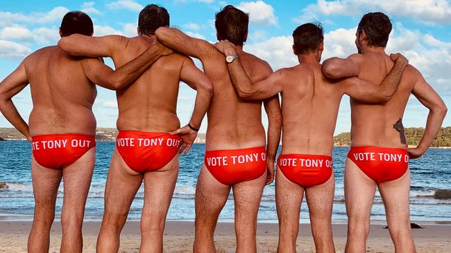 There was a big swing against Tony Abbott at the last election. Pictured are ‘Vote Tony Out’ supporters in their budgy smugglers on Balmoral Beach Mosman, February 25, 2019: Photo Vote Tony Out campaign.