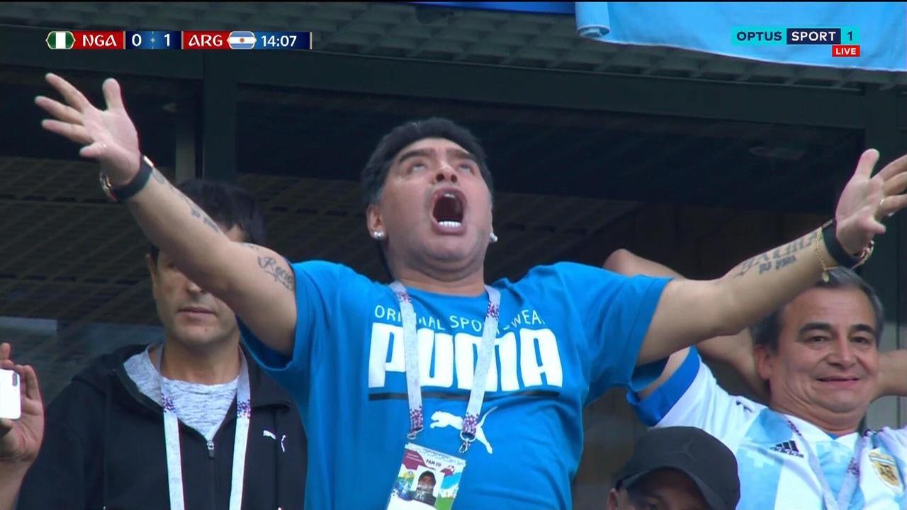 Maradona celebrates Lionel Messi’s goal.