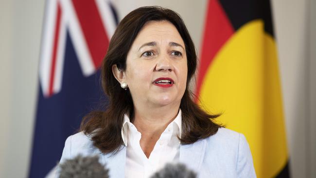 Premier Annastacia Palaszczuk addresses media at 1 William St, Brisbane City. Picture: Attila Csaszar